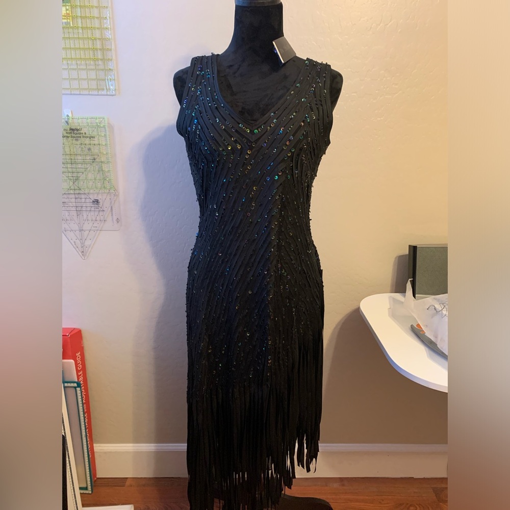 Hong Ni black sequined fringed cocktail dress, v-neck. New w/tags. Beautiful.